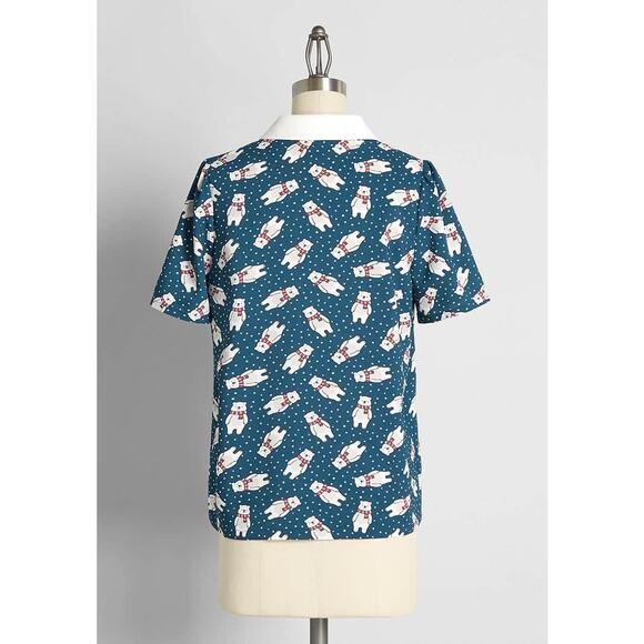 NWT ModCloth Christmas blouse top winter polar bear XS - Picture 2 of 4